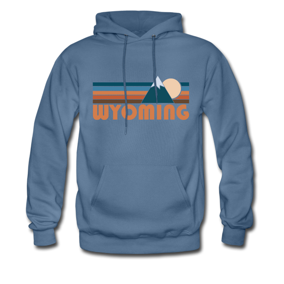 Wyoming Hoodie - Retro Mountain Wyoming Crewneck Hooded Sweatshirt - denim blue