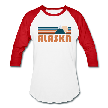 Alaska Baseball T-Shirt - Retro Mountain Unisex Alaska Raglan T Shirt - white/red