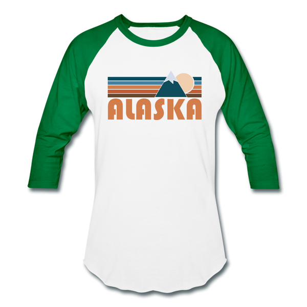 Alaska Baseball T-Shirt - Retro Mountain Unisex Alaska Raglan T Shirt - white/kelly green