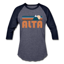 Alta, Utah Baseball T-Shirt - Retro Mountain Unisex Alta Raglan T Shirt - heather blue/navy