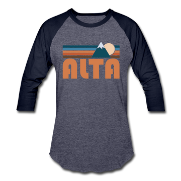 Alta, Utah Baseball T-Shirt - Retro Mountain Unisex Alta Raglan T Shirt - heather blue/navy