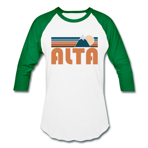 Alta, Utah Baseball T-Shirt - Retro Mountain Unisex Alta Raglan T Shirt - white/kelly green