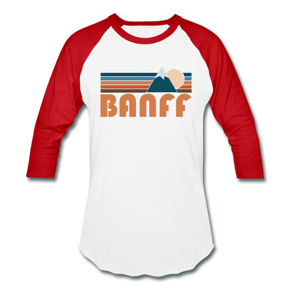 Banff, Canada Baseball T-Shirt - Retro Mountain Unisex Banff Raglan T Shirt - white/red