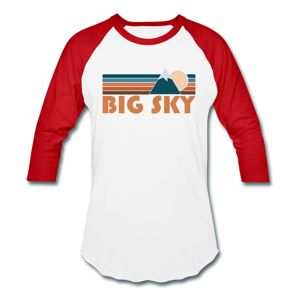Big Sky, Montana Baseball T-Shirt - Retro Mountain Unisex Big Sky Raglan T Shirt - white/red