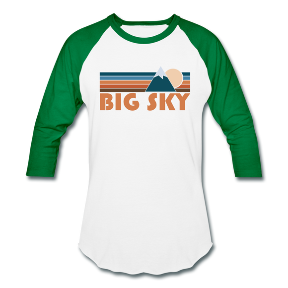 Big Sky, Montana Baseball T-Shirt - Retro Mountain Unisex Big Sky Raglan T Shirt - white/kelly green