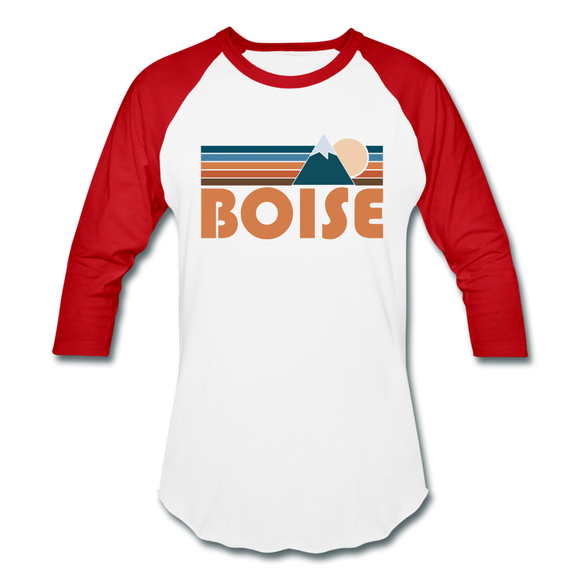 Boise, Idaho Baseball T-Shirt - Retro Mountain Unisex Boise Raglan T Shirt - white/red