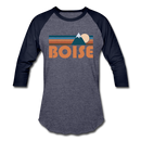 Boise, Idaho Baseball T-Shirt - Retro Mountain Unisex Boise Raglan T Shirt - heather blue/navy