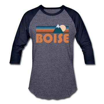 Boise, Idaho Baseball T-Shirt - Retro Mountain Unisex Boise Raglan T Shirt - heather blue/navy