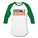 Boise, Idaho Baseball T-Shirt - Retro Mountain Unisex Boise Raglan T Shirt - white/kelly green