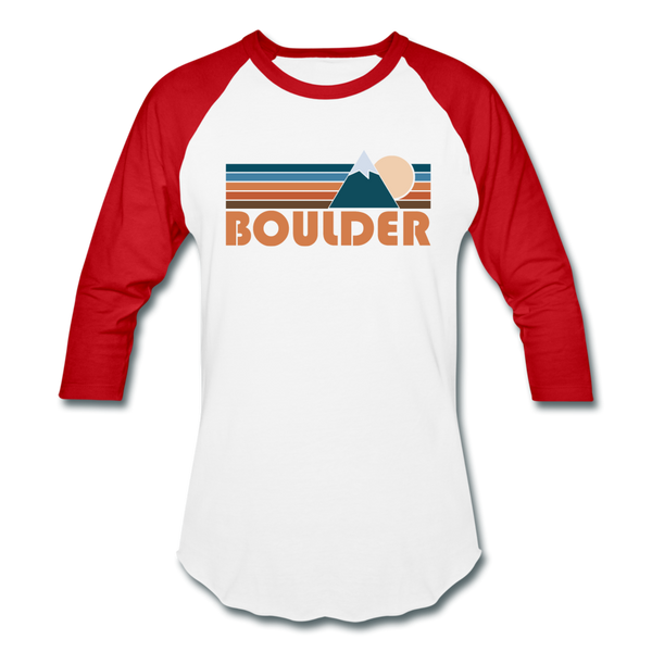 Boulder, Colorado Baseball T-Shirt - Retro Mountain Unisex Boulder Raglan T Shirt - white/red