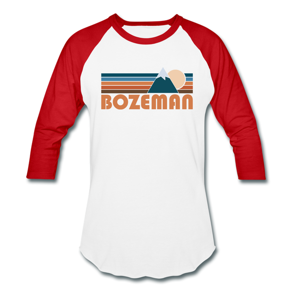 Bozeman, Montana Baseball T-Shirt - Retro Mountain Unisex Bozeman Raglan T Shirt - white/red