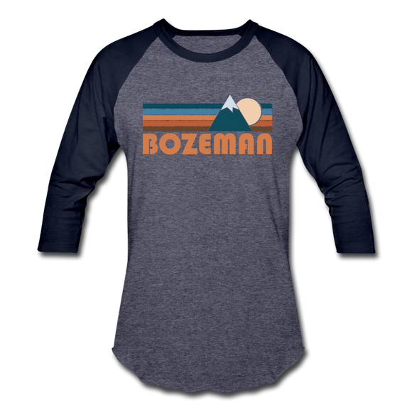 Bozeman, Montana Baseball T-Shirt - Retro Mountain Unisex Bozeman Raglan T Shirt - heather blue/navy
