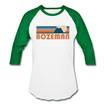 Bozeman, Montana Baseball T-Shirt - Retro Mountain Unisex Bozeman Raglan T Shirt - white/kelly green