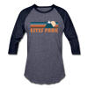 Estes Park, Colorado Baseball T-Shirt - Retro Mountain Unisex Estes Park Raglan T Shirt - heather blue/navy