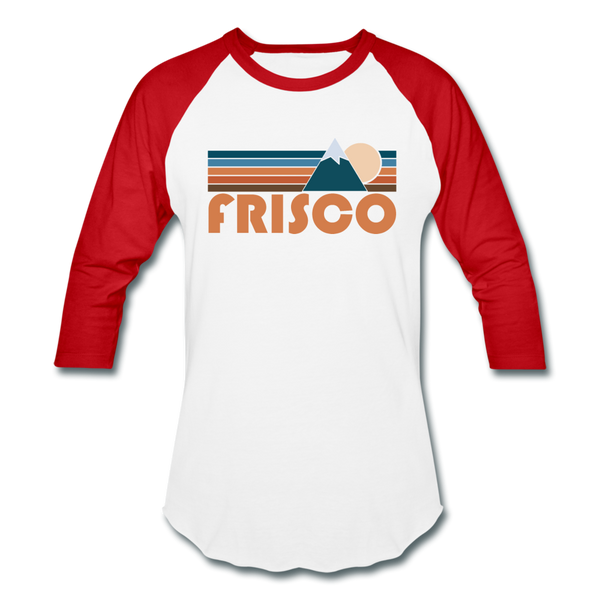 Frisco, Colorado Baseball T-Shirt - Retro Mountain Unisex Frisco Raglan T Shirt - white/red