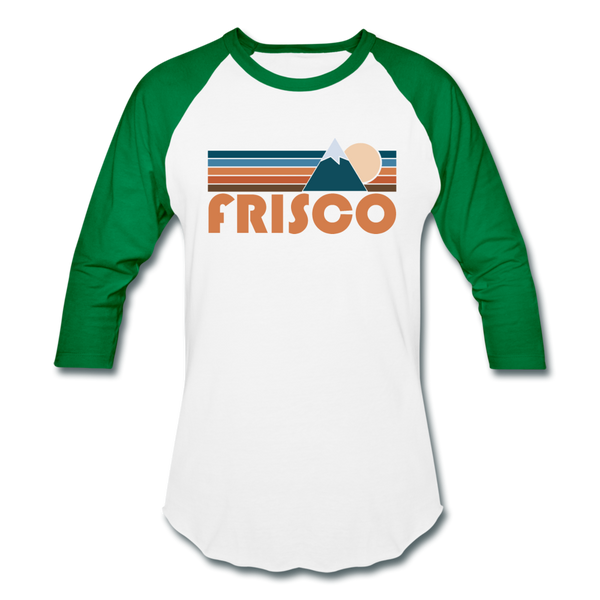 Frisco, Colorado Baseball T-Shirt - Retro Mountain Unisex Frisco Raglan T Shirt - white/kelly green