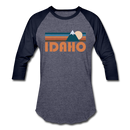 Idaho Baseball T-Shirt - Retro Mountain Unisex Idaho Raglan T Shirt - heather blue/navy