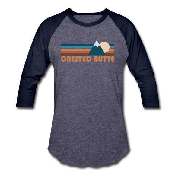 Crested Butte, Colorado Baseball T-Shirt - Retro Mountain Unisex Crested Butte Raglan T Shirt - heather blue/navy