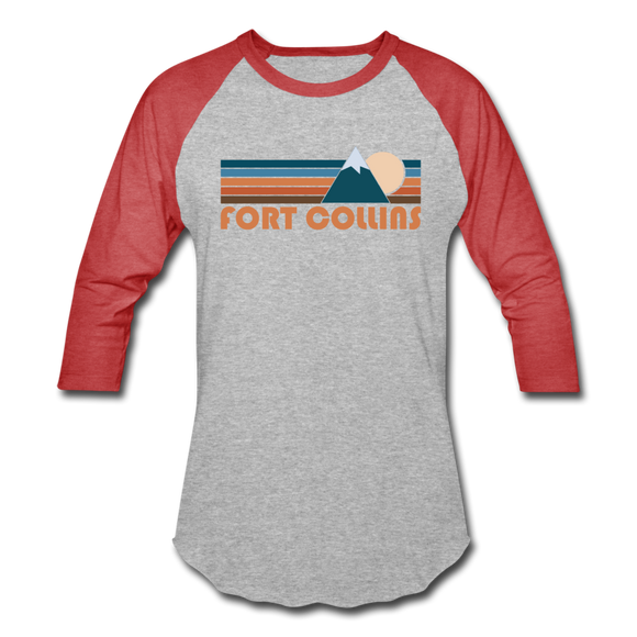 Fort Collins, Colorado Baseball T-Shirt - Retro Mountain Unisex Fort Collins Raglan T Shirt - heather gray/red