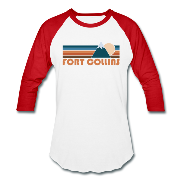 Fort Collins, Colorado Baseball T-Shirt - Retro Mountain Unisex Fort Collins Raglan T Shirt - white/red