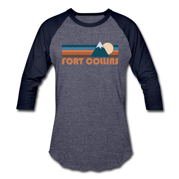 Fort Collins, Colorado Baseball T-Shirt - Retro Mountain Unisex Fort Collins Raglan T Shirt - heather blue/navy