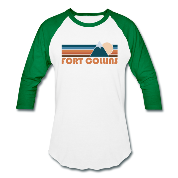 Fort Collins, Colorado Baseball T-Shirt - Retro Mountain Unisex Fort Collins Raglan T Shirt - white/kelly green