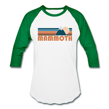 Mammoth, California Baseball T-Shirt - Retro Mountain Unisex Mammoth Raglan T Shirt - white/kelly green