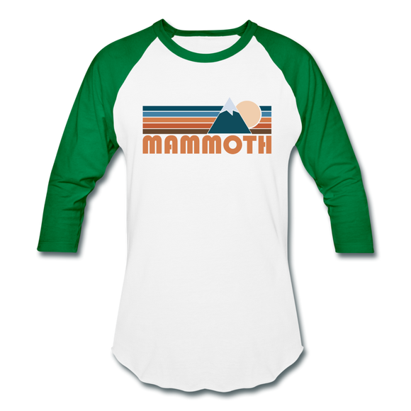 Mammoth, California Baseball T-Shirt - Retro Mountain Unisex Mammoth Raglan T Shirt - white/kelly green
