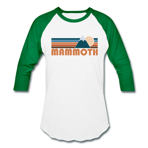 Mammoth, California Baseball T-Shirt - Retro Mountain Unisex Mammoth Raglan T Shirt - white/kelly green