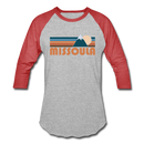 Missoula, Montana Baseball T-Shirt - Retro Mountain Unisex Missoula Raglan T Shirt - heather gray/red
