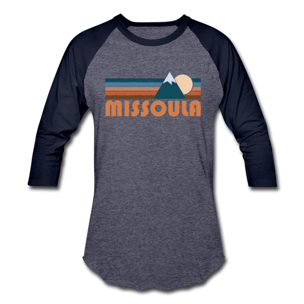 Missoula, Montana Baseball T-Shirt - Retro Mountain Unisex Missoula Raglan T Shirt - heather blue/navy