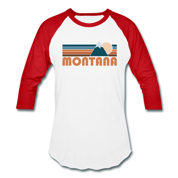 Montana Baseball T-Shirt - Retro Mountain Unisex Montana Raglan T Shirt - white/red