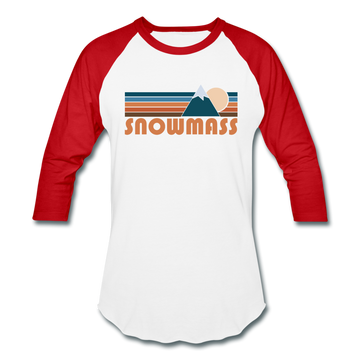 Snowmass, Colorado Baseball T-Shirt - Retro Mountain Unisex Snowmass Raglan T Shirt - white/red