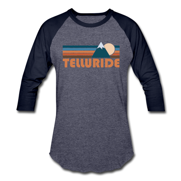Telluride, Colorado Baseball T-Shirt - Retro Mountain Unisex Telluride Raglan T Shirt - heather blue/navy