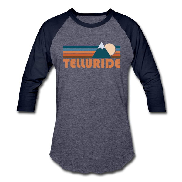 Telluride, Colorado Baseball T-Shirt - Retro Mountain Unisex Telluride Raglan T Shirt - heather blue/navy
