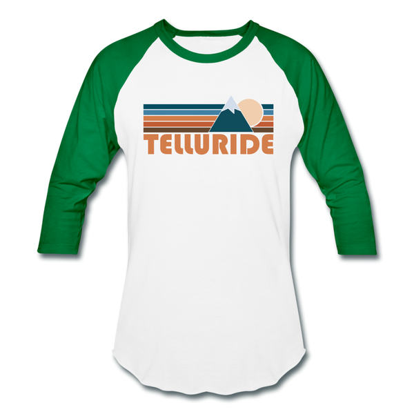 Telluride, Colorado Baseball T-Shirt - Retro Mountain Unisex Telluride Raglan T Shirt - white/kelly green