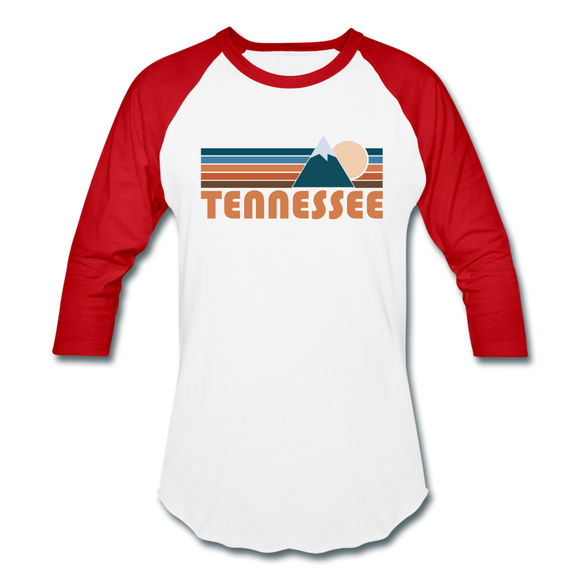 Tennessee Baseball T-Shirt - Retro Mountain Unisex Tennessee Raglan T Shirt - white/red