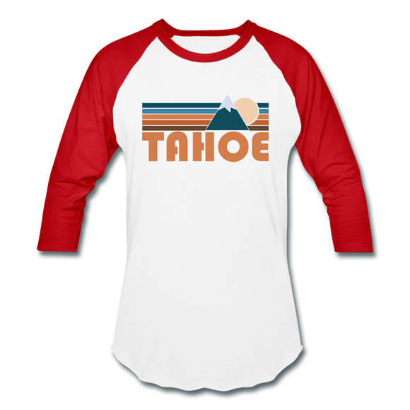 Tahoe, California Baseball T-Shirt - Retro Mountain Unisex Tahoe Raglan T Shirt - white/red