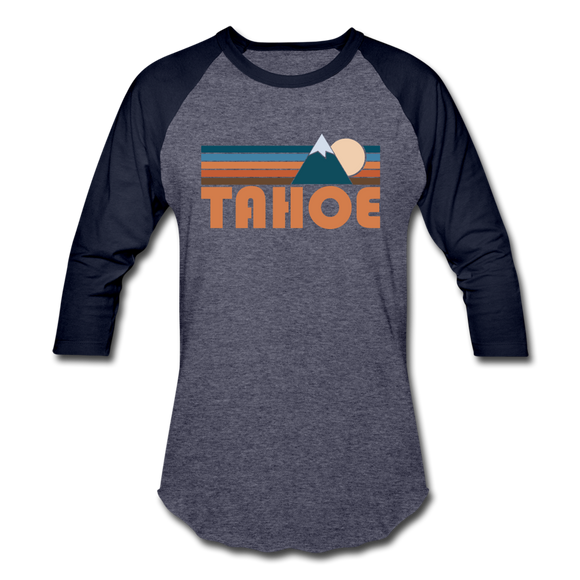 Tahoe, California Baseball T-Shirt - Retro Mountain Unisex Tahoe Raglan T Shirt - heather blue/navy