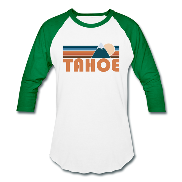 Tahoe, California Baseball T-Shirt - Retro Mountain Unisex Tahoe Raglan T Shirt - white/kelly green