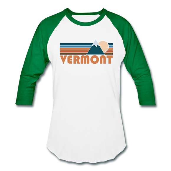 Vermont Baseball T-Shirt - Retro Mountain Unisex Vermont Raglan T Shirt - white/kelly green