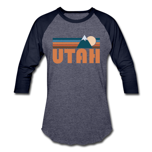 Utah Baseball T-Shirt - Retro Mountain Unisex Utah Raglan T Shirt - heather blue/navy