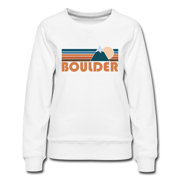 Boulder, Colorado Women’s Sweatshirt - Retro Mountain Women’s Boulder Crewneck Sweatshirt - white