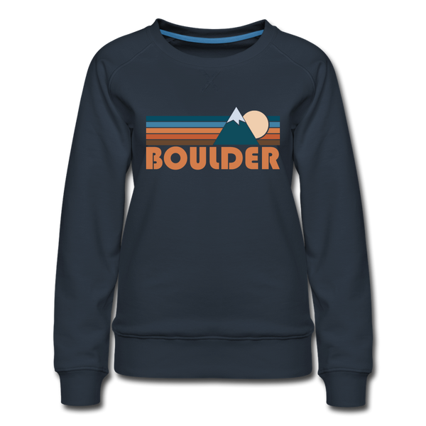 Boulder, Colorado Women’s Sweatshirt - Retro Mountain Women’s Boulder Crewneck Sweatshirt - navy