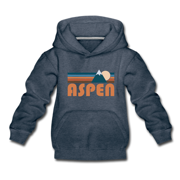 Aspen, Colorado Youth Hoodie - Retro Mountain Youth Aspen Hooded Sweatshirt - heather denim