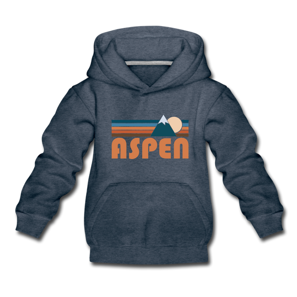 Aspen, Colorado Youth Hoodie - Retro Mountain Youth Aspen Hooded Sweatshirt - heather denim