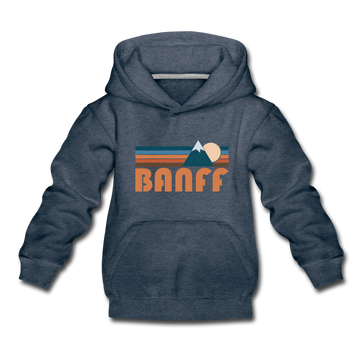 Banff, Canada Youth Hoodie - Retro Mountain Youth Banff Hooded Sweatshirt - heather denim