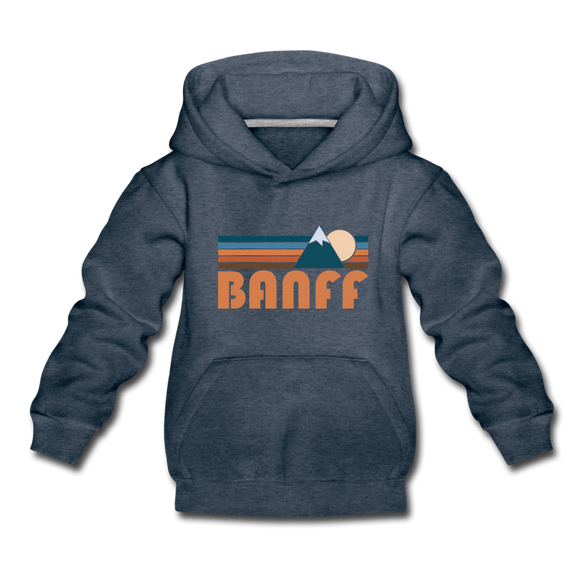 Banff, Canada Youth Hoodie - Retro Mountain Youth Banff Hooded Sweatshirt - heather denim