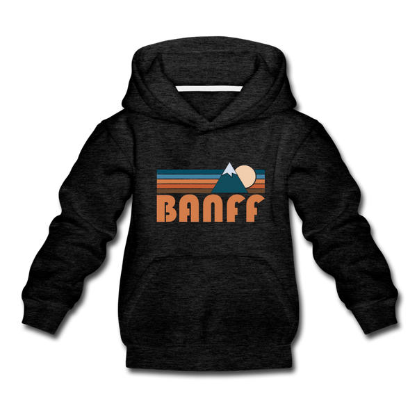Banff, Canada Youth Hoodie - Retro Mountain Youth Banff Hooded Sweatshirt - charcoal gray