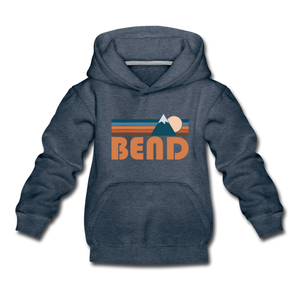 Bend, Oregon Youth Hoodie - Retro Mountain Youth Bend Hooded Sweatshirt - heather denim